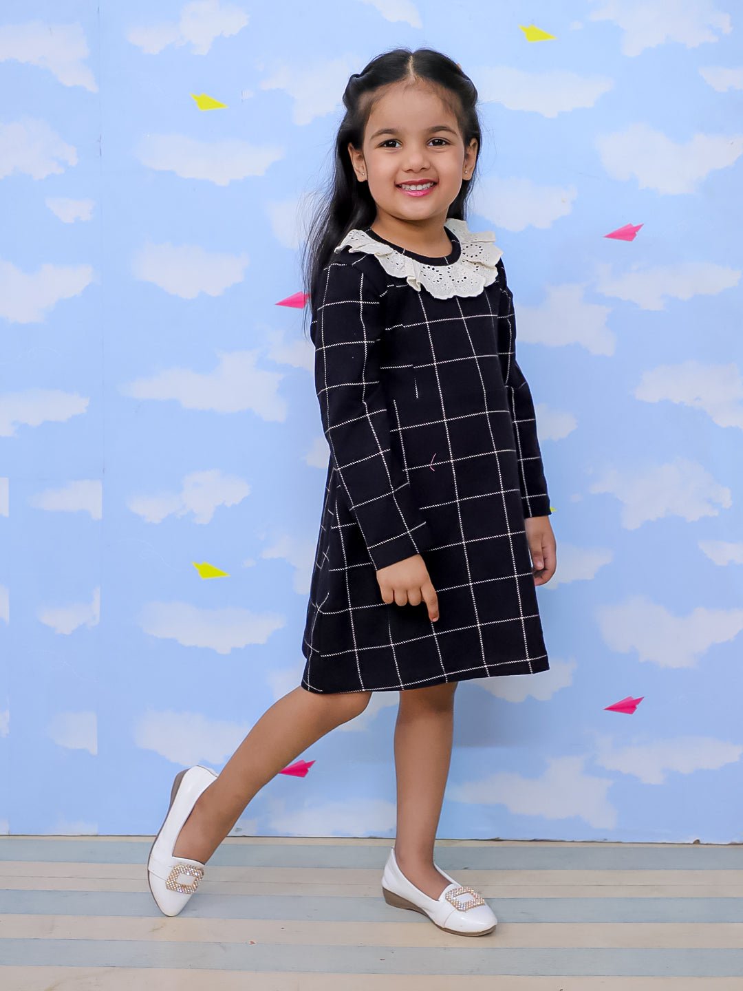 Black Plaid Flannel Girls Winter Dress For Kids