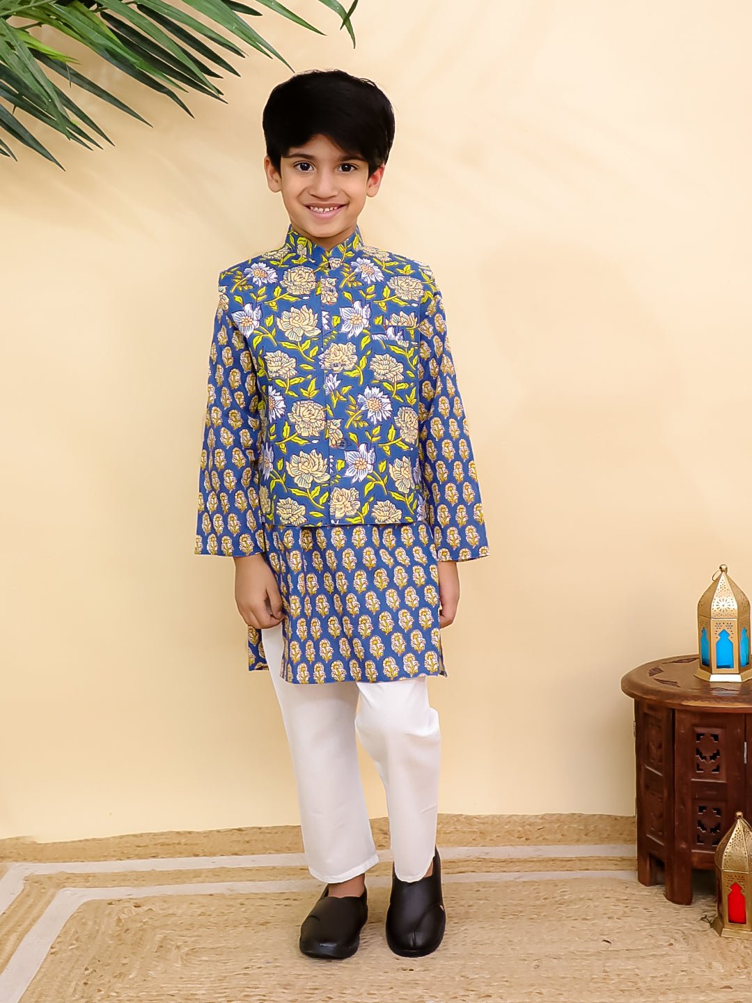 Blaze Blue Boys Jacket And Kurta Pajama Set