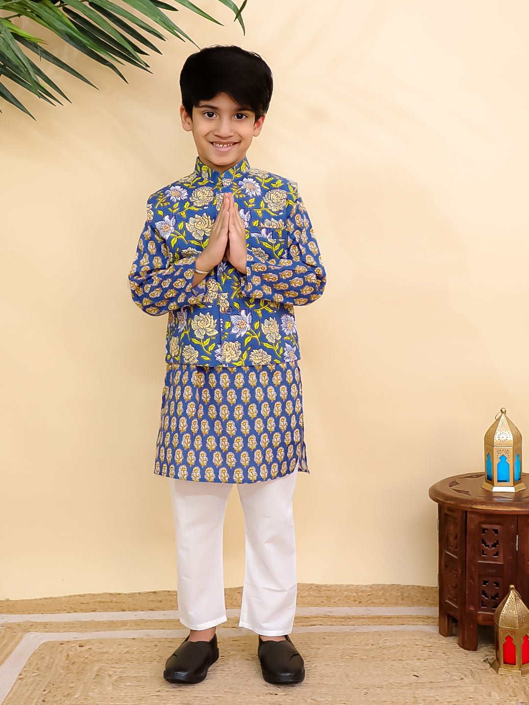 Blaze Blue Boys Jacket And Kurta Pajama Set