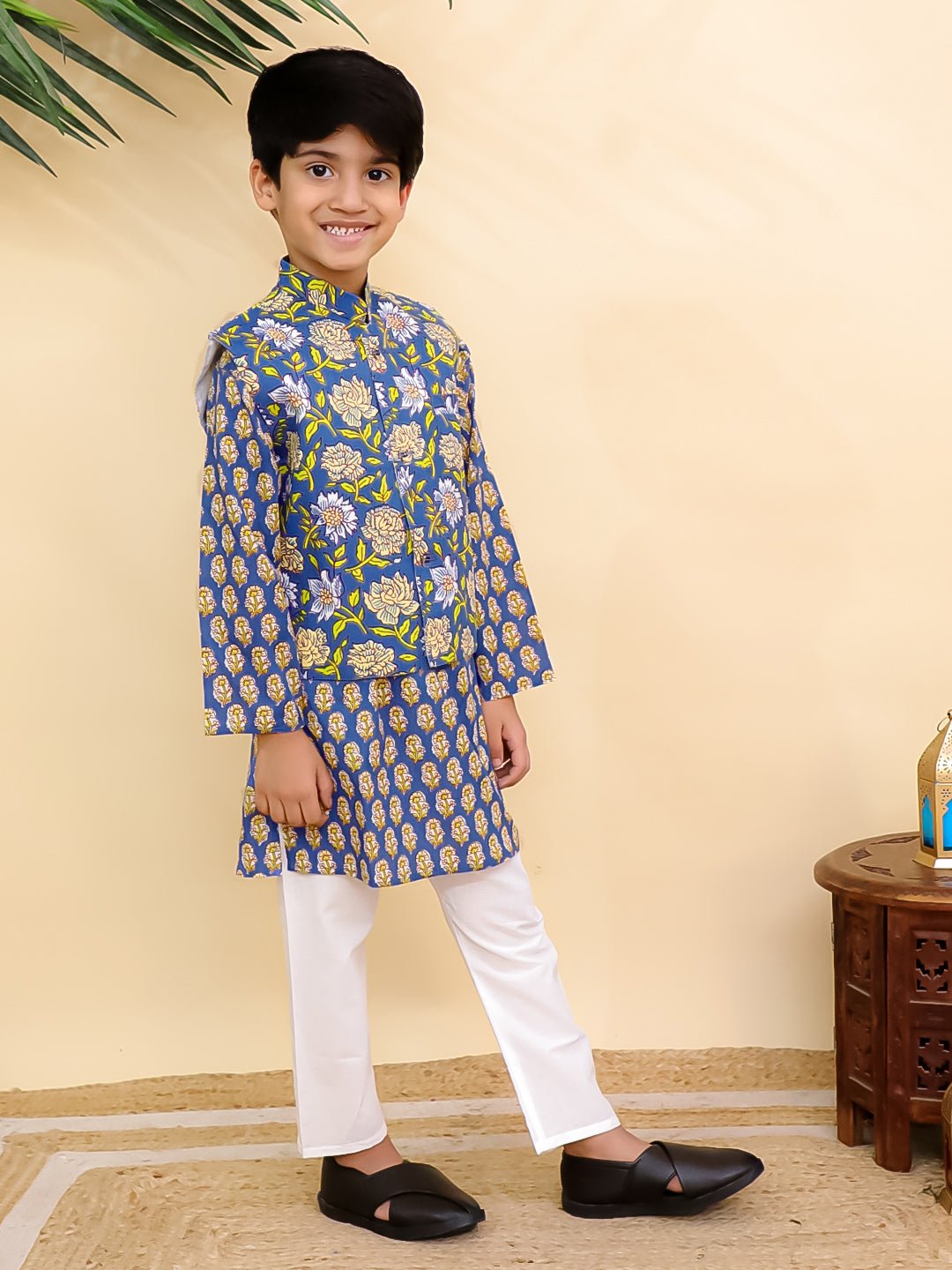 Blaze Blue Boys Jacket And Kurta Pajama Set