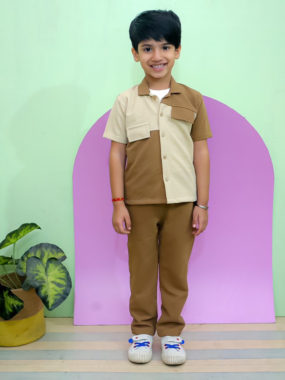 Block & Roll Colorblock Cotton Half Sleeve Shirt And Pants Set For Boys