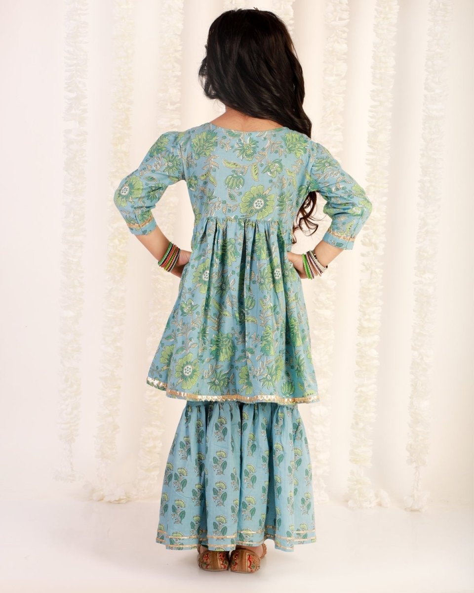 Blue Haze Floral Print Girls Anarkali Sharara Set