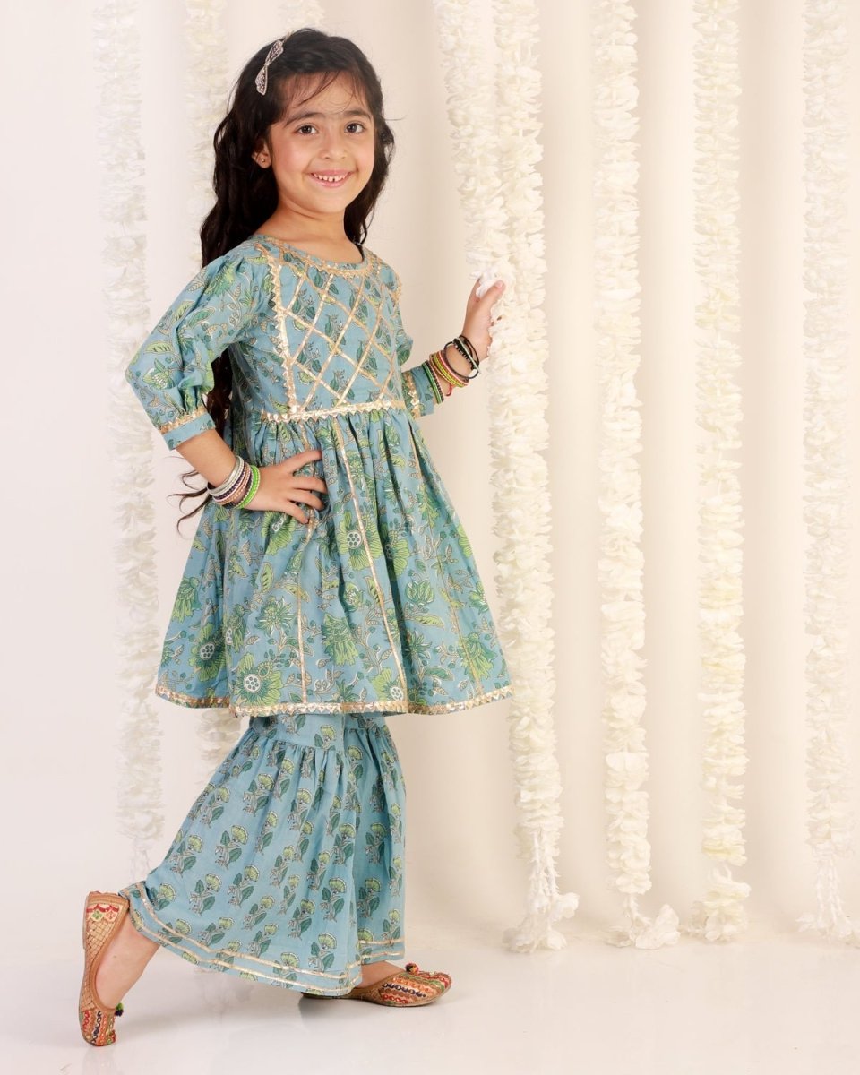 Blue Haze Floral Print Girls Anarkali Sharara Set