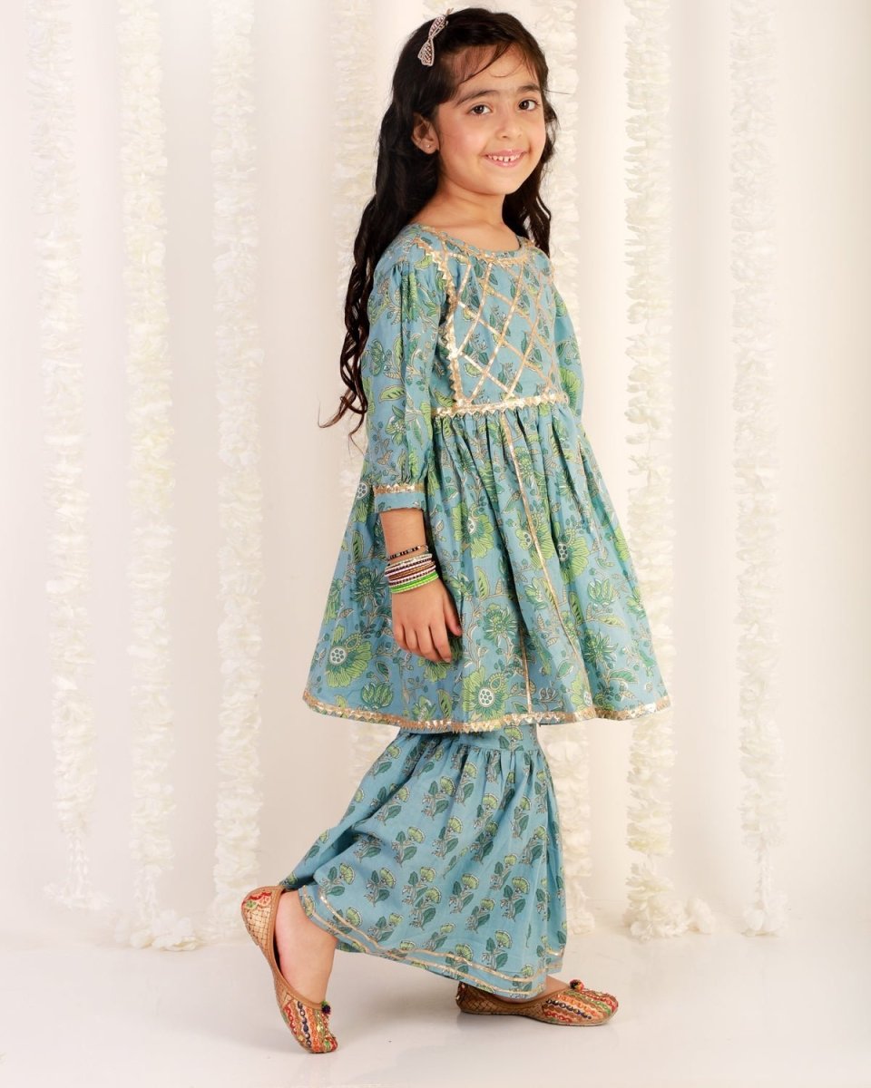 Blue Haze Floral Print Girls Anarkali Sharara Set