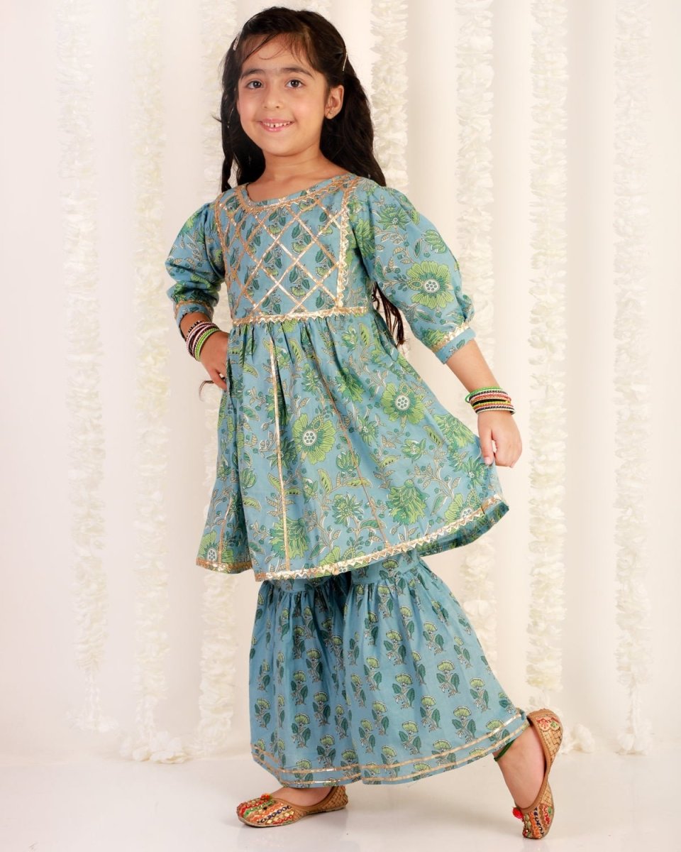 Blue Haze Floral Print Girls Anarkali Sharara Set