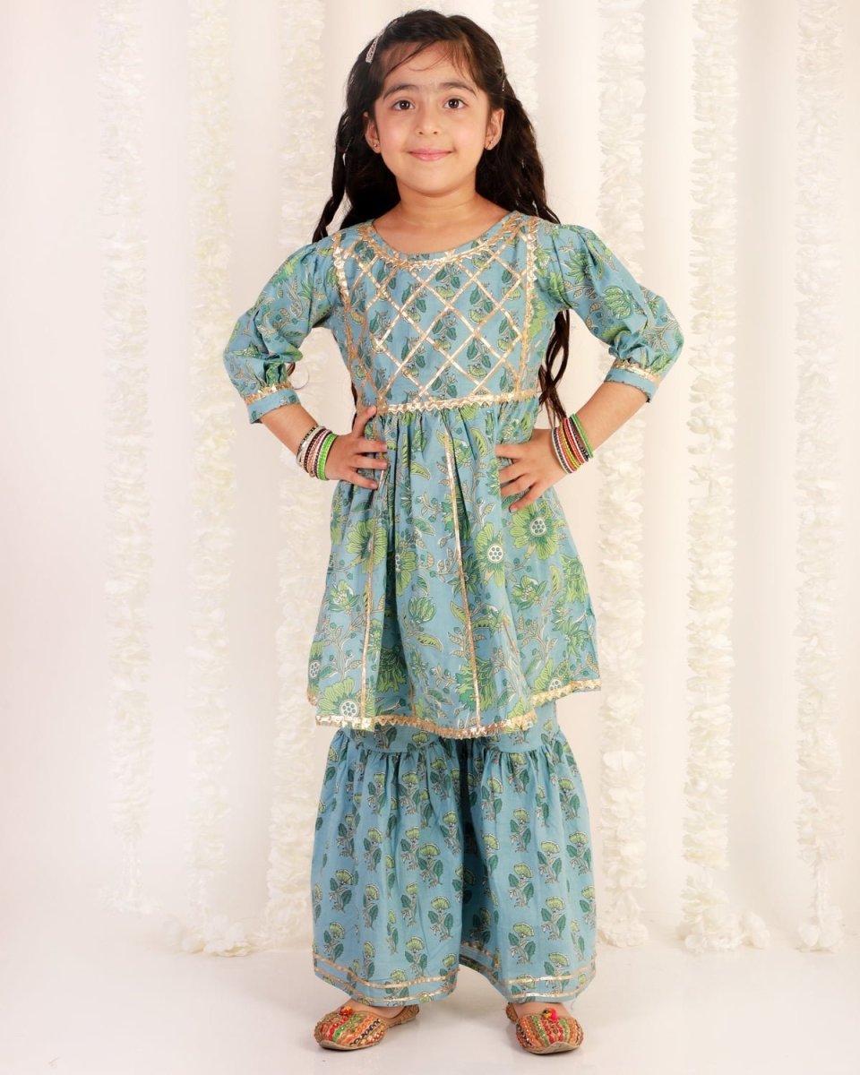 Blue Haze Floral Print Girls Anarkali Sharara Set