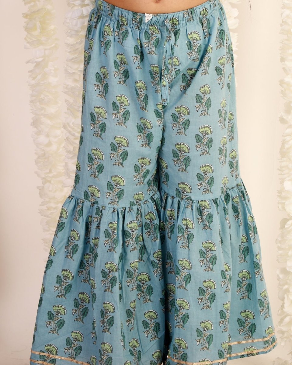 Blue Haze Floral Print Girls Anarkali Sharara Set
