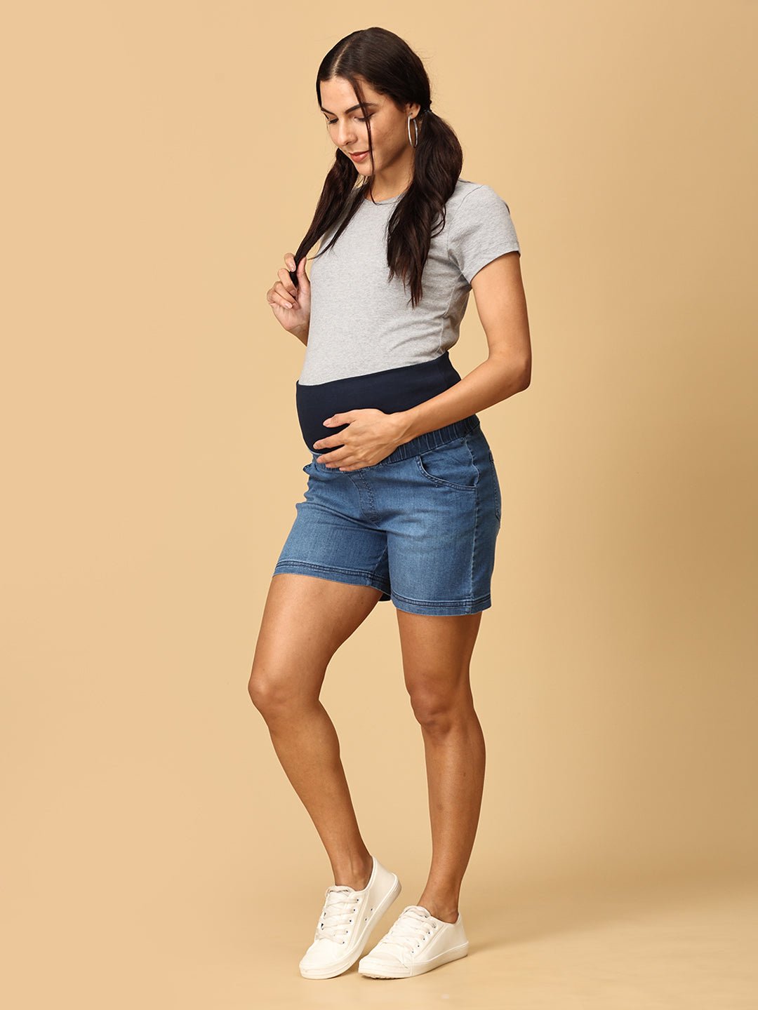  Blue Maternity Denim Shorts with Belly Support Blue