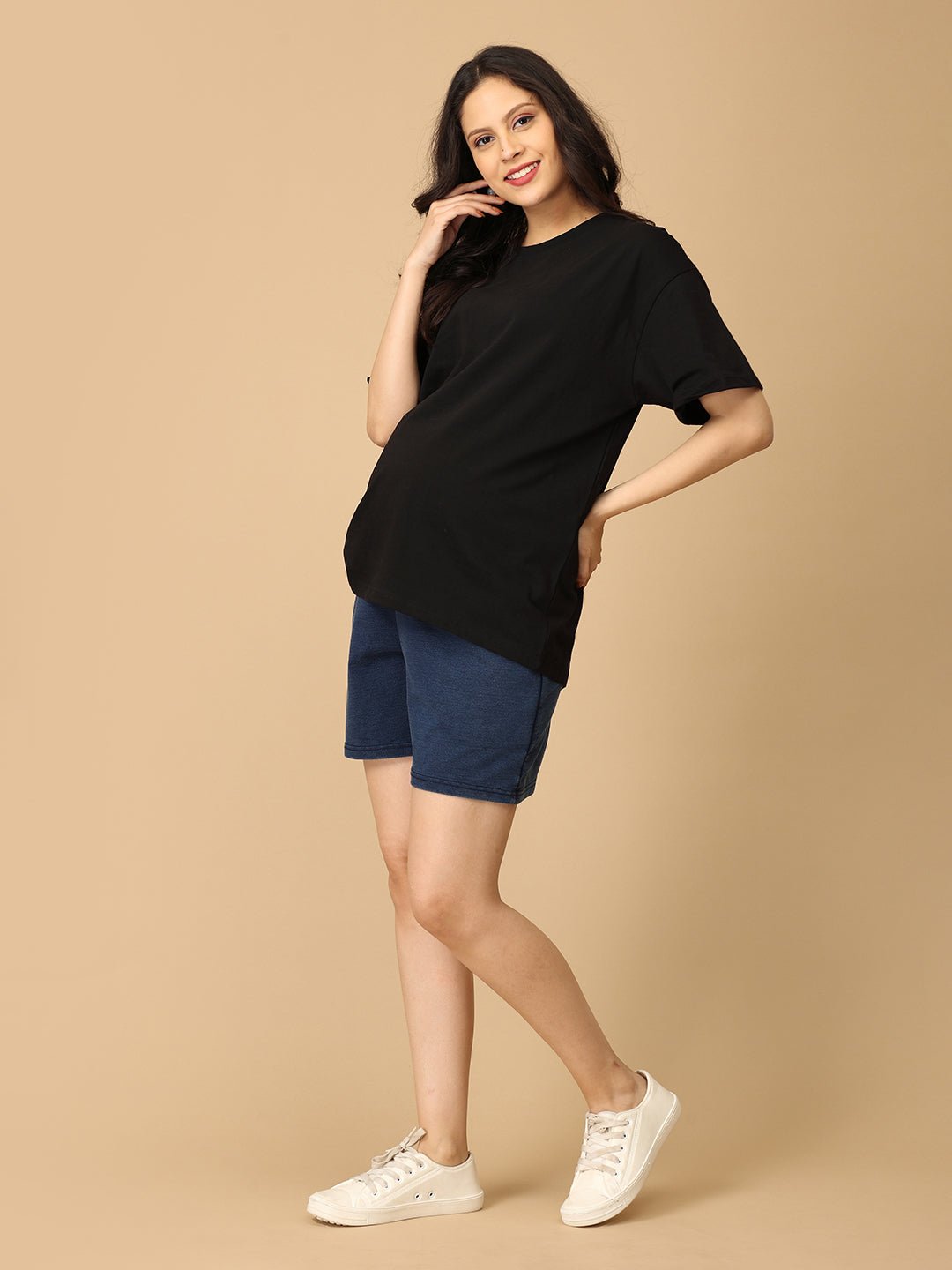  Knit Maternity Denim Shorts with Belly Support Dark Blue