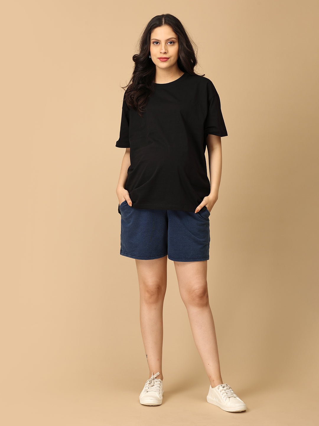  Knit Maternity Denim Shorts with Belly Support Dark Blue
