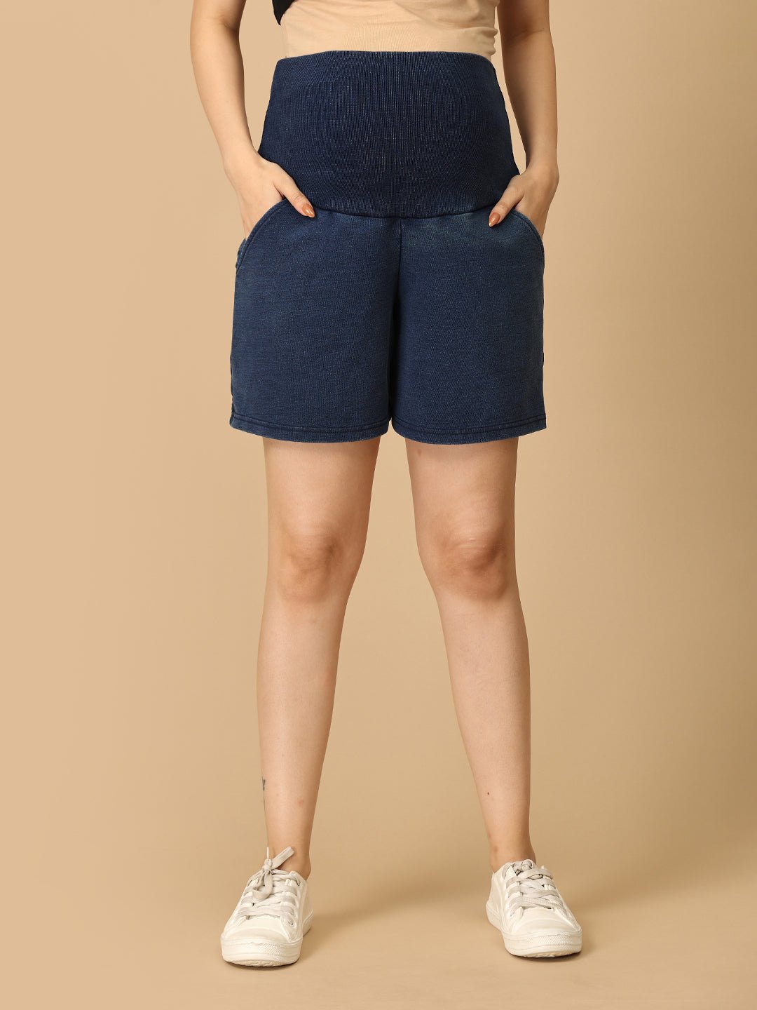  Knit Maternity Denim Shorts with Belly Support Dark Blue