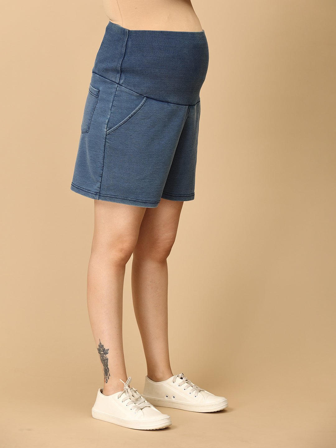  Knit Maternity Denim Shorts with Belly Support Light Blue