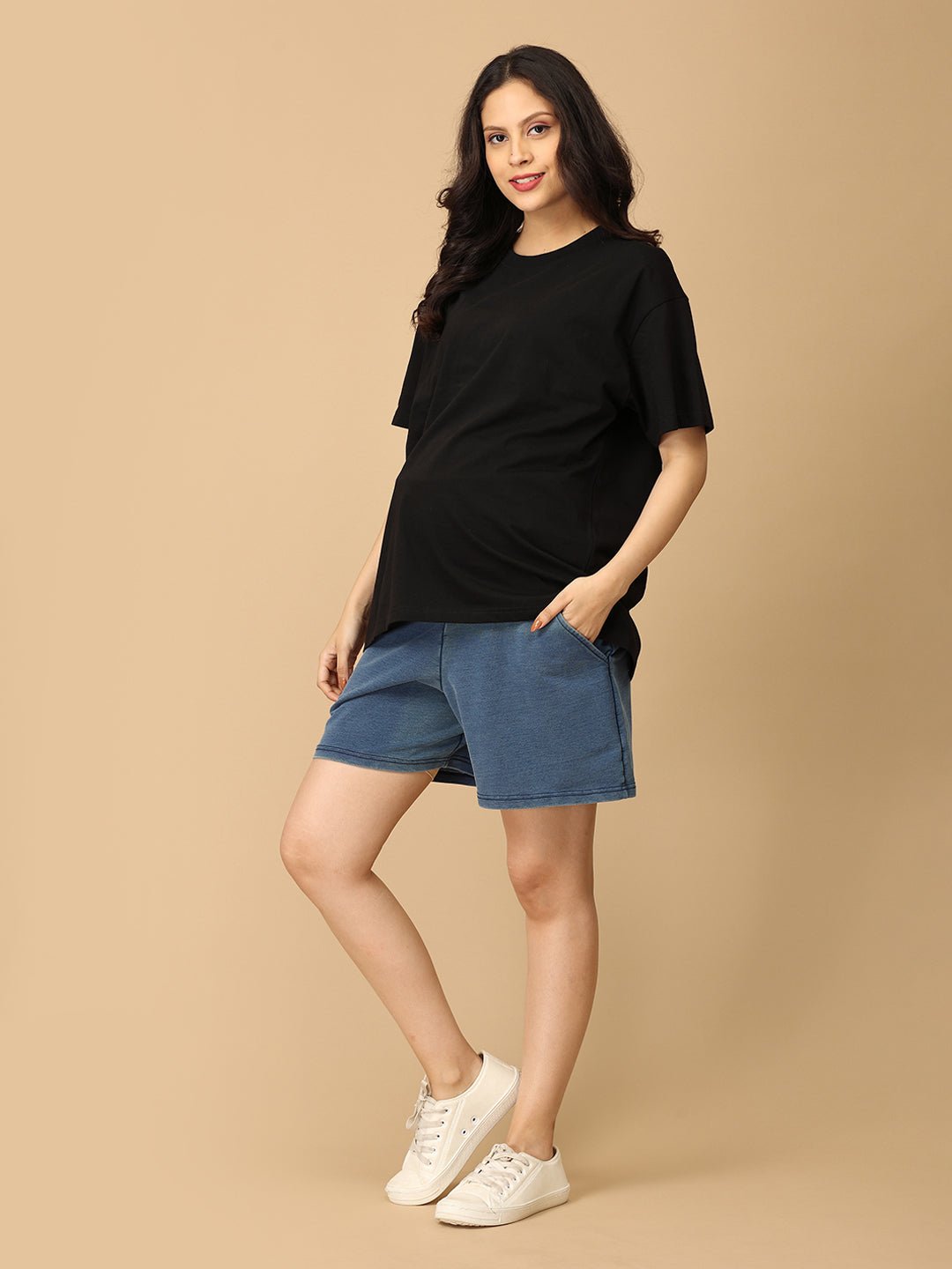  Knit Maternity Denim Shorts with Belly Support Light Blue