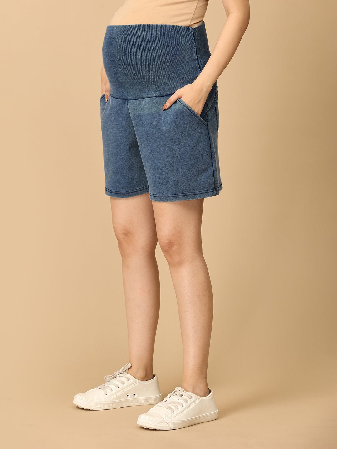  Knit Maternity Denim Shorts with Belly Support Light Blue