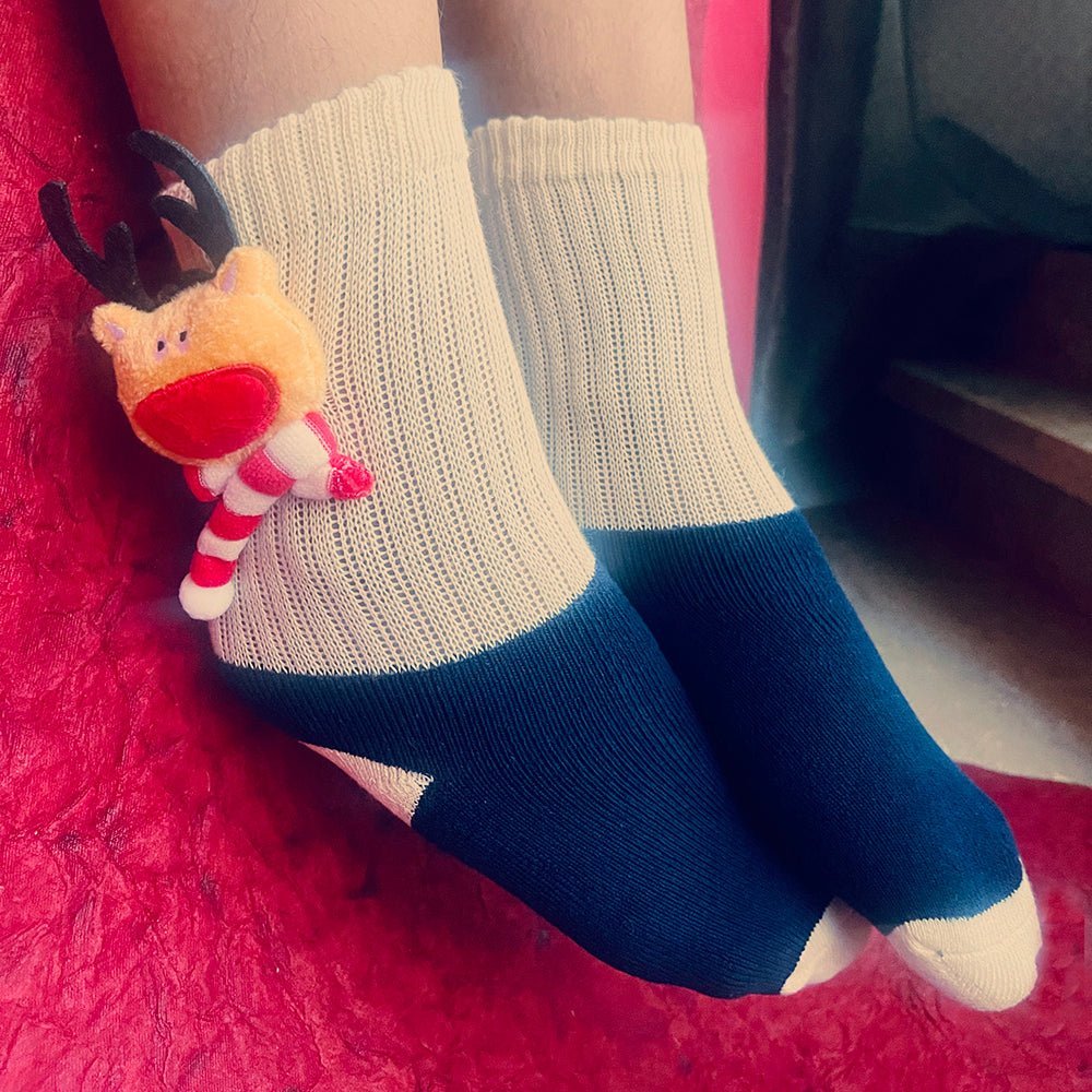 Little Surprise Box Blue Reindeer 3D Pop Up Christmas Socks For Kids