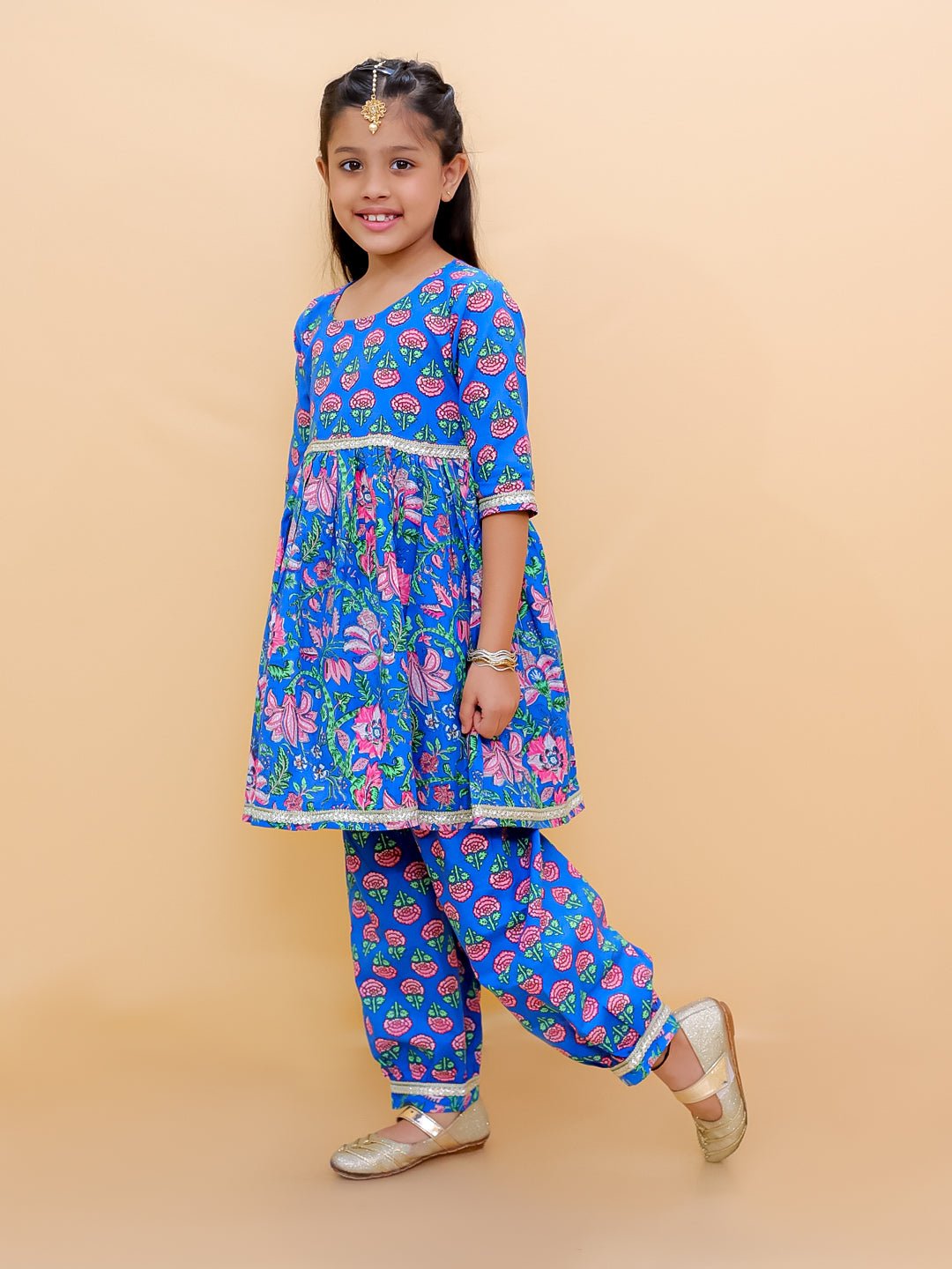 Blue Royale Floral Print Girls Kurta Set