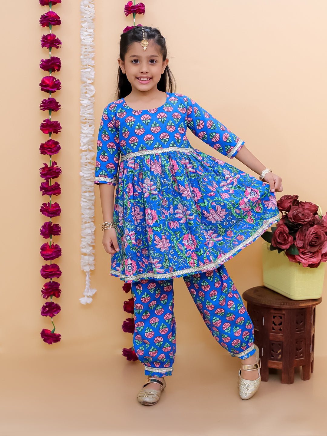 Blue Royale Floral Print Girls Kurta Set