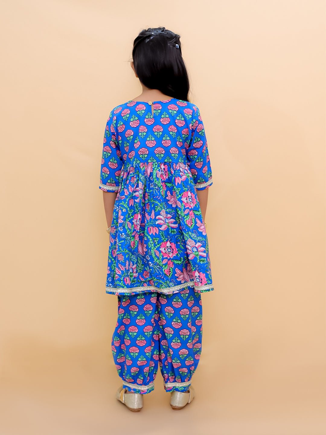 Blue Royale Floral Print Girls Kurta Set