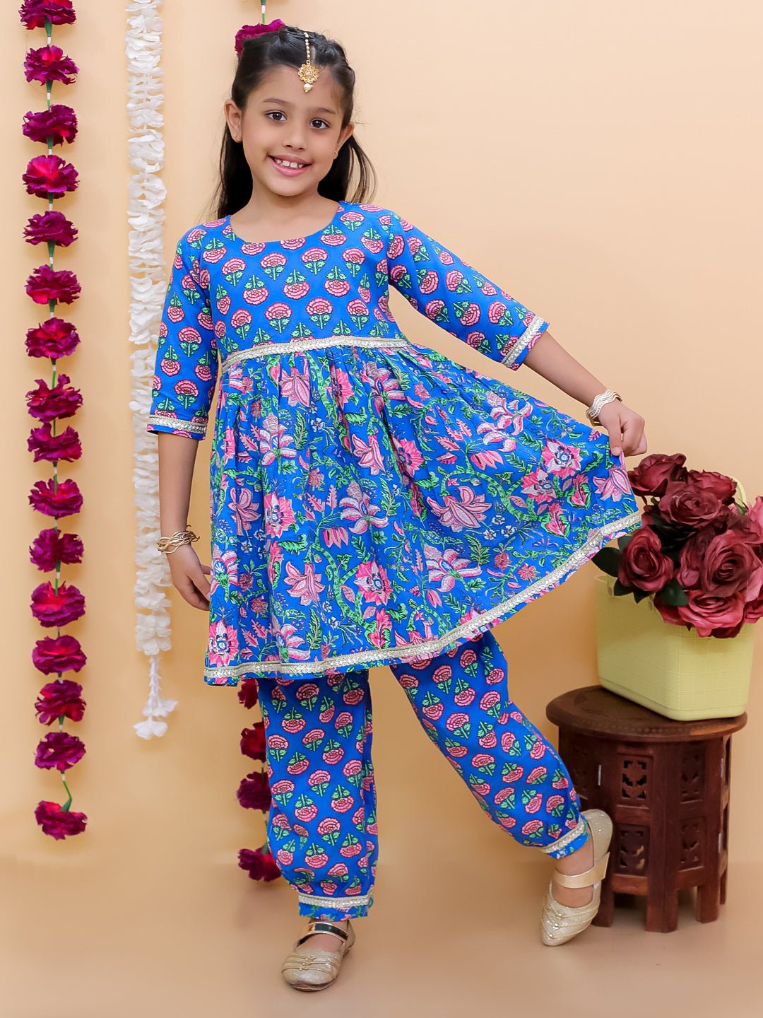 Blue Royale Floral Print Girls Kurta Set