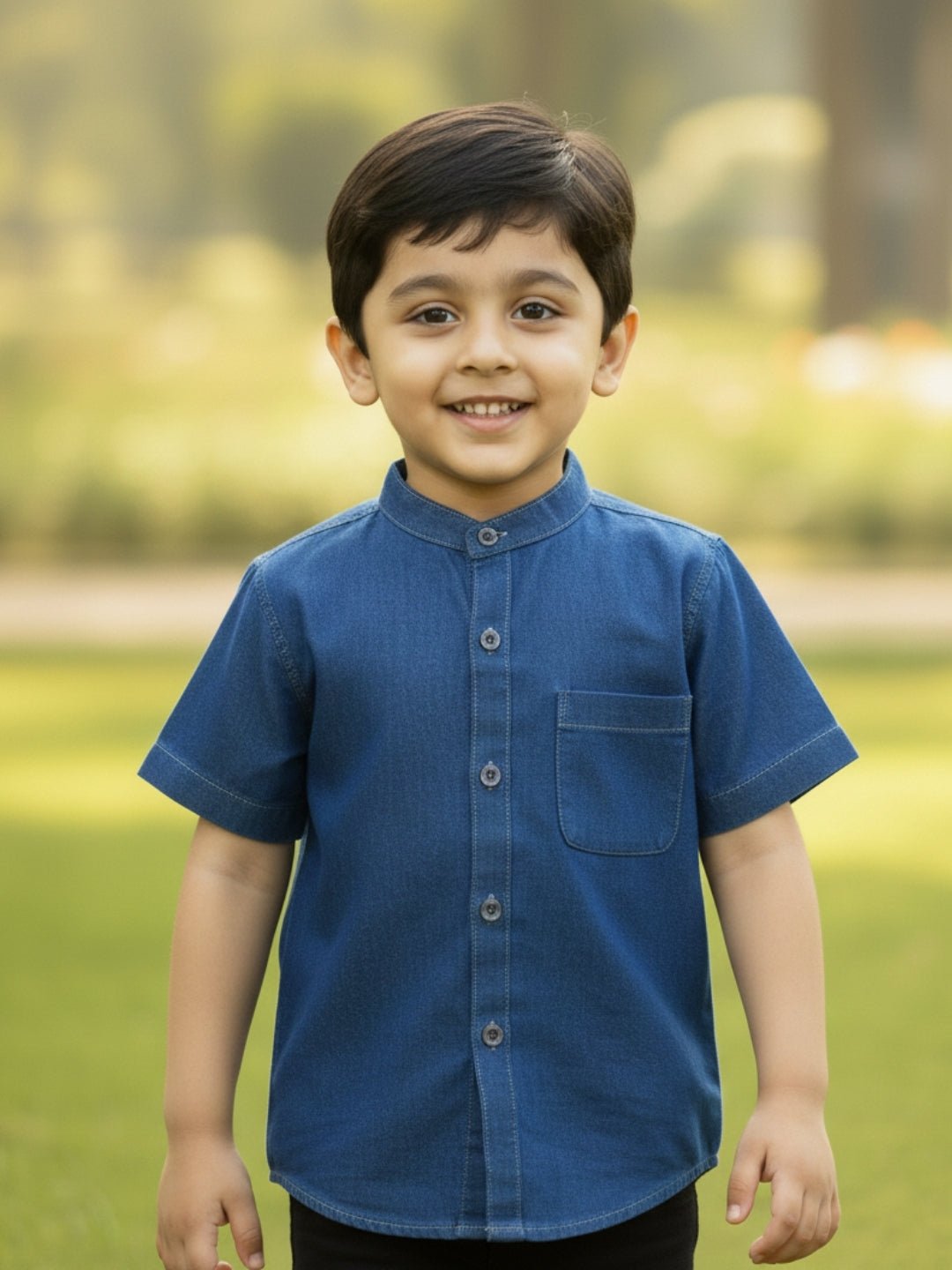 Dark Blue Boys Mandarin Collar Half Sleeve Chambray Shirt