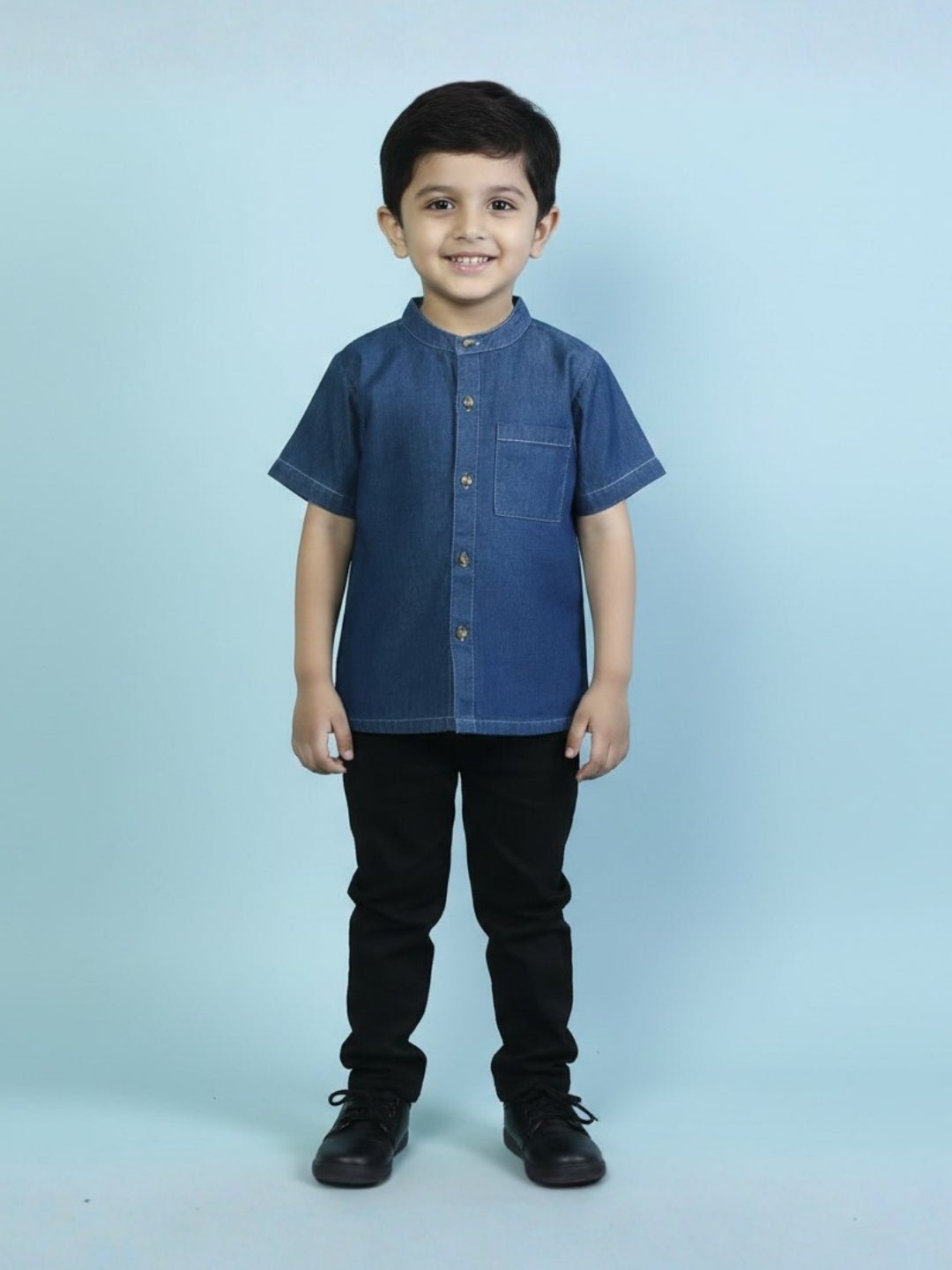 Dark Blue Boys Mandarin Collar Half Sleeve Chambray Shirt