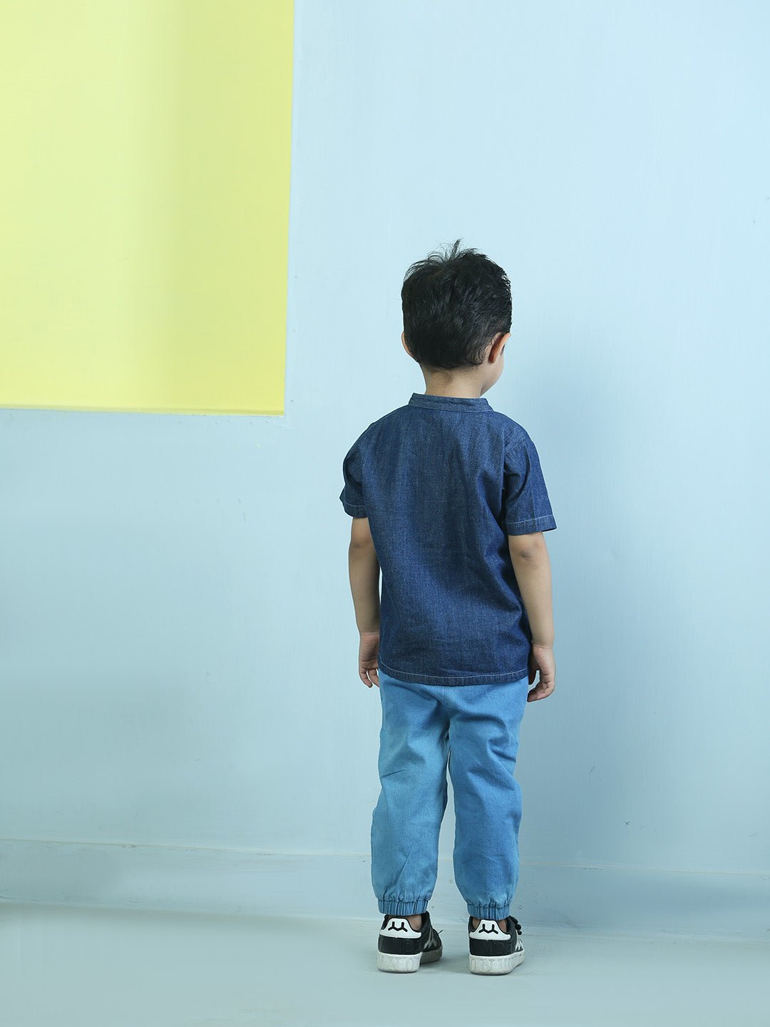 Dark Blue Boys Mandarin Collar Half Sleeve Chambray Shirt