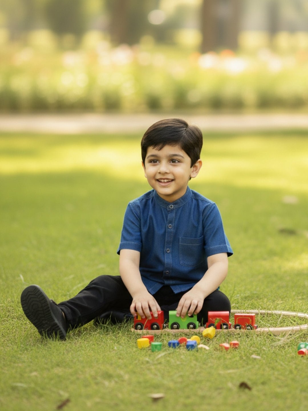 Dark Blue Boys Mandarin Collar Half Sleeve Chambray Shirt