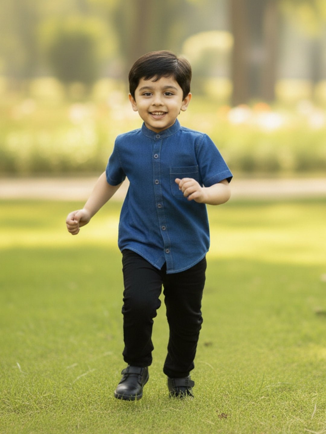 Dark Blue Boys Mandarin Collar Half Sleeve Chambray Shirt