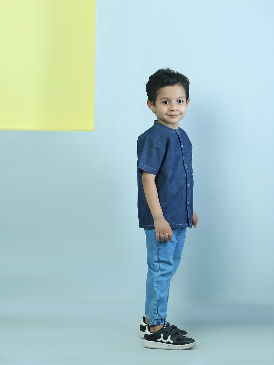 Dark Blue Boys Mandarin Collar Half Sleeve Chambray Shirt