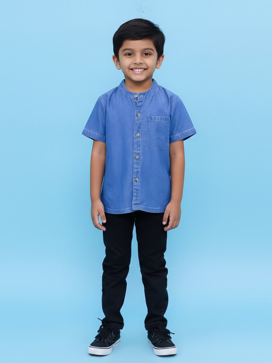 Light Blue Boys Chambray Mandarin Collar Shirt