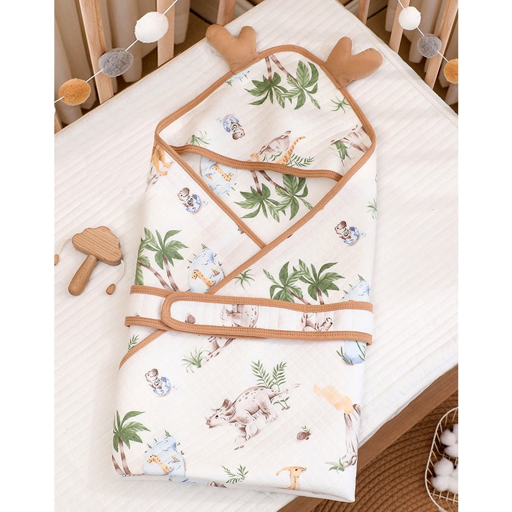 Brown Dino Island 1 PC Cotton Muslin Baby Blanket With 3D Ear Hood