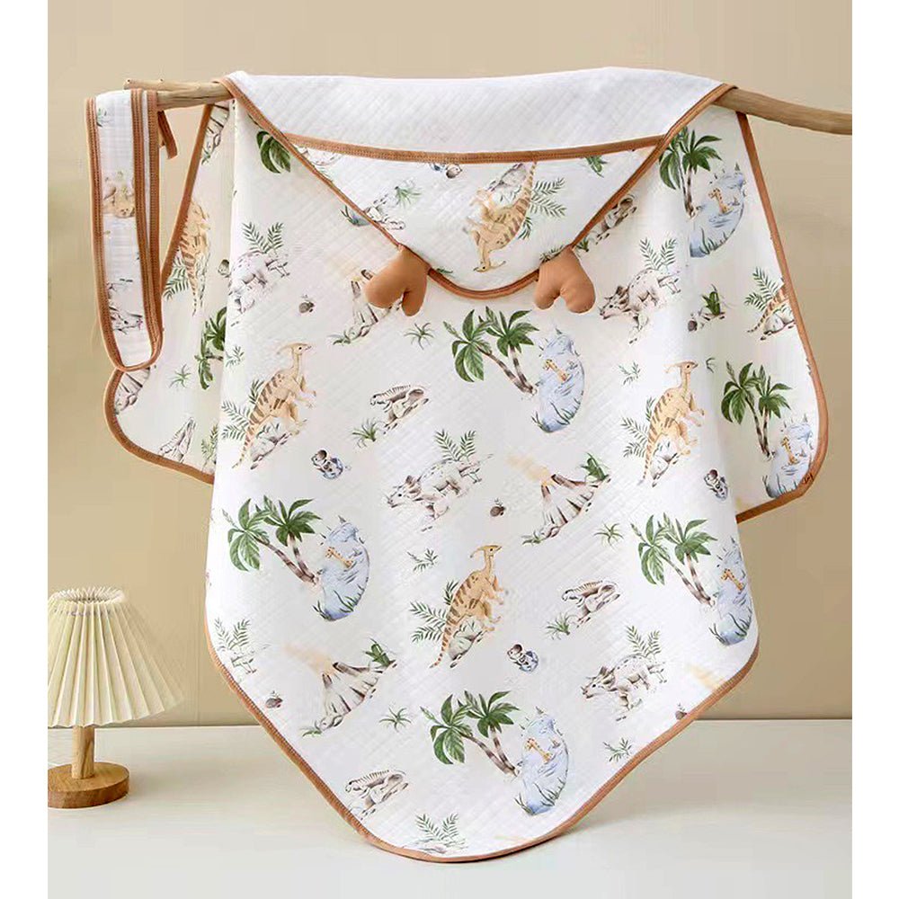 Brown Dino Island 1 PC Cotton Muslin Baby Blanket With 3D Ear Hood