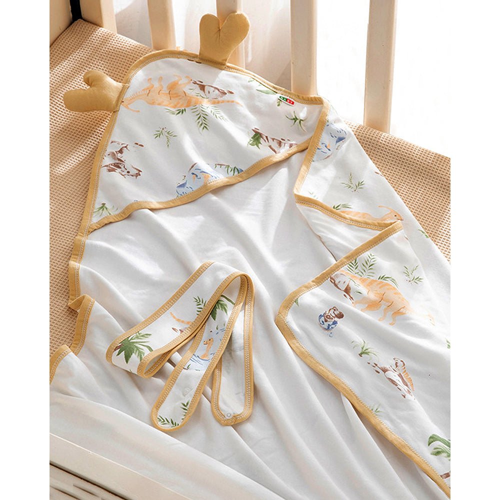 Brown Dino Island 1 PC Cotton Muslin Baby Blanket With 3D Ear Hood