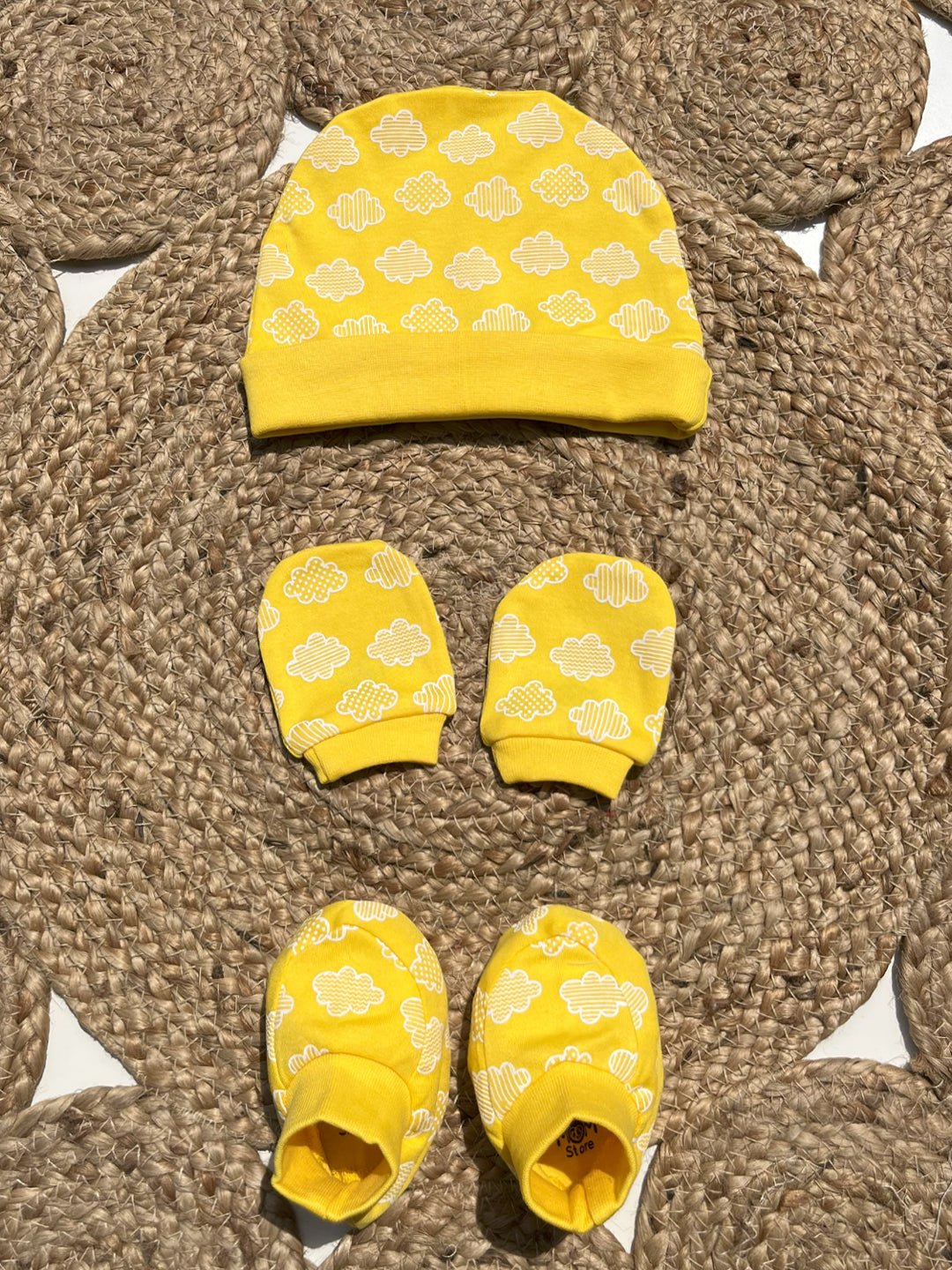  Buttercream Clouds Mittens Booties and Cap Set