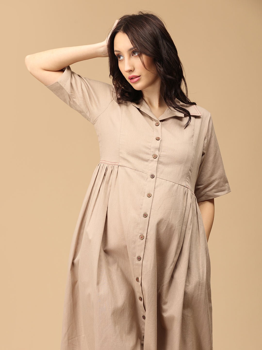  Chic Khadi Maternity and Nursing Dress Beige
