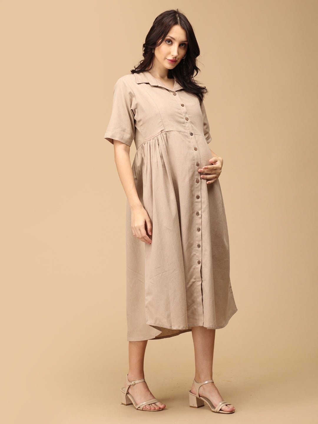  Chic Khadi Maternity and Nursing Dress Beige