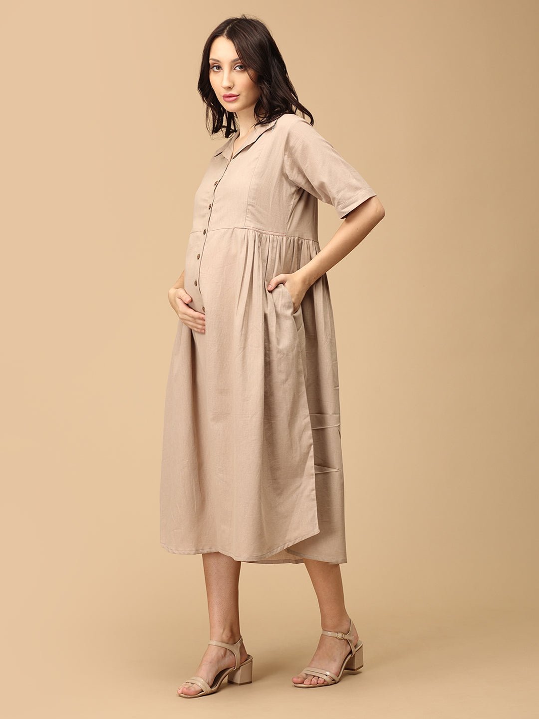  Chic Khadi Maternity and Nursing Dress Beige