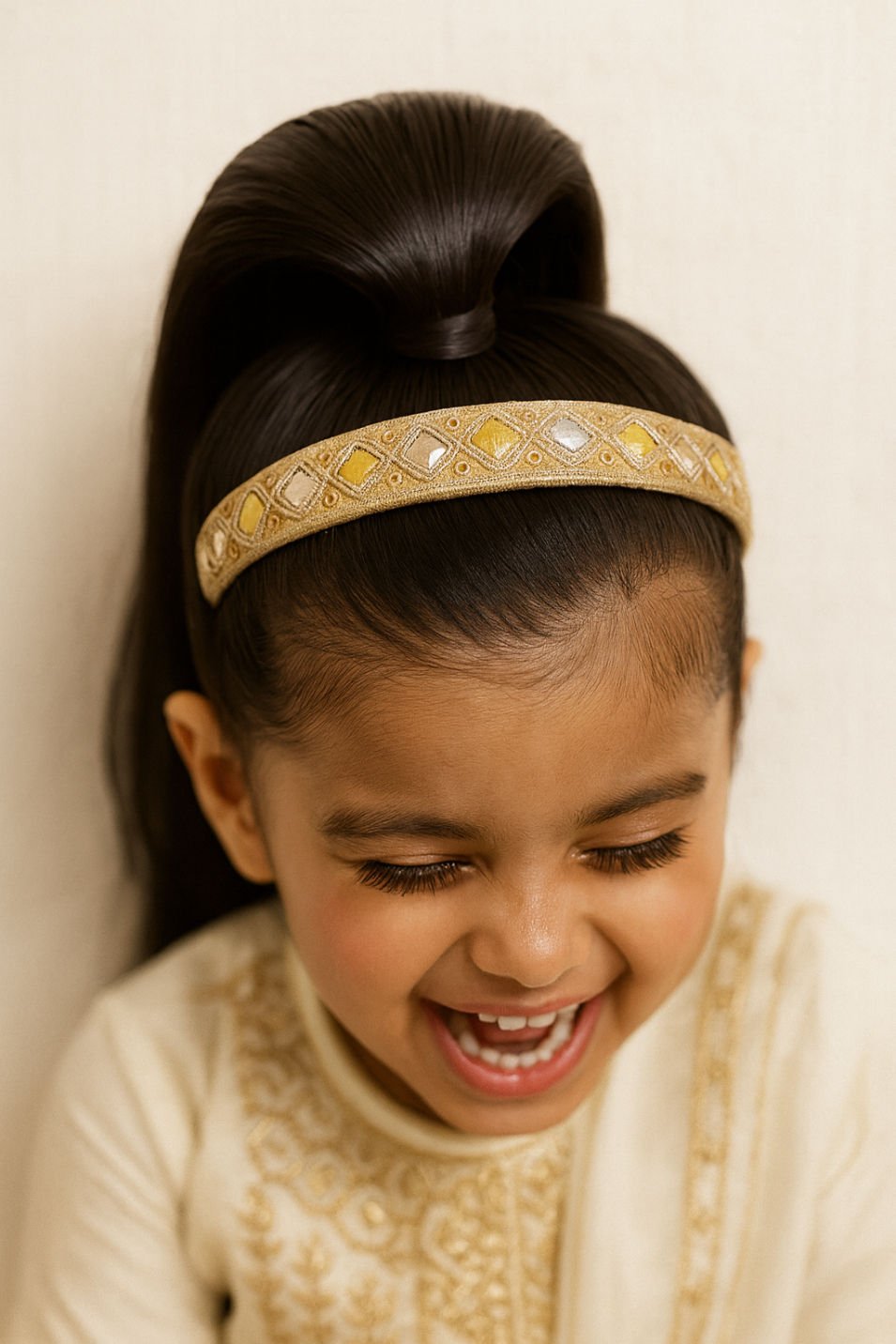 Gold Embroidered Festive Ethnic Glam Girls Hairband With Mirror Work