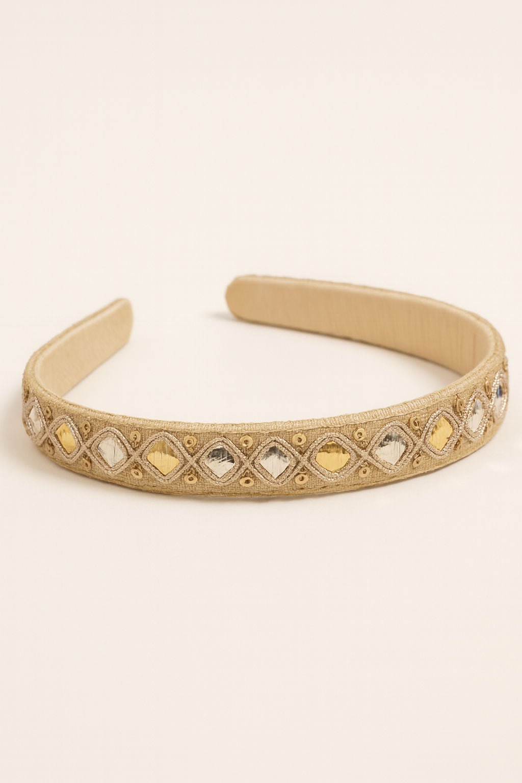 Gold Embroidered Festive Ethnic Glam Girls Hairband With Mirror Work