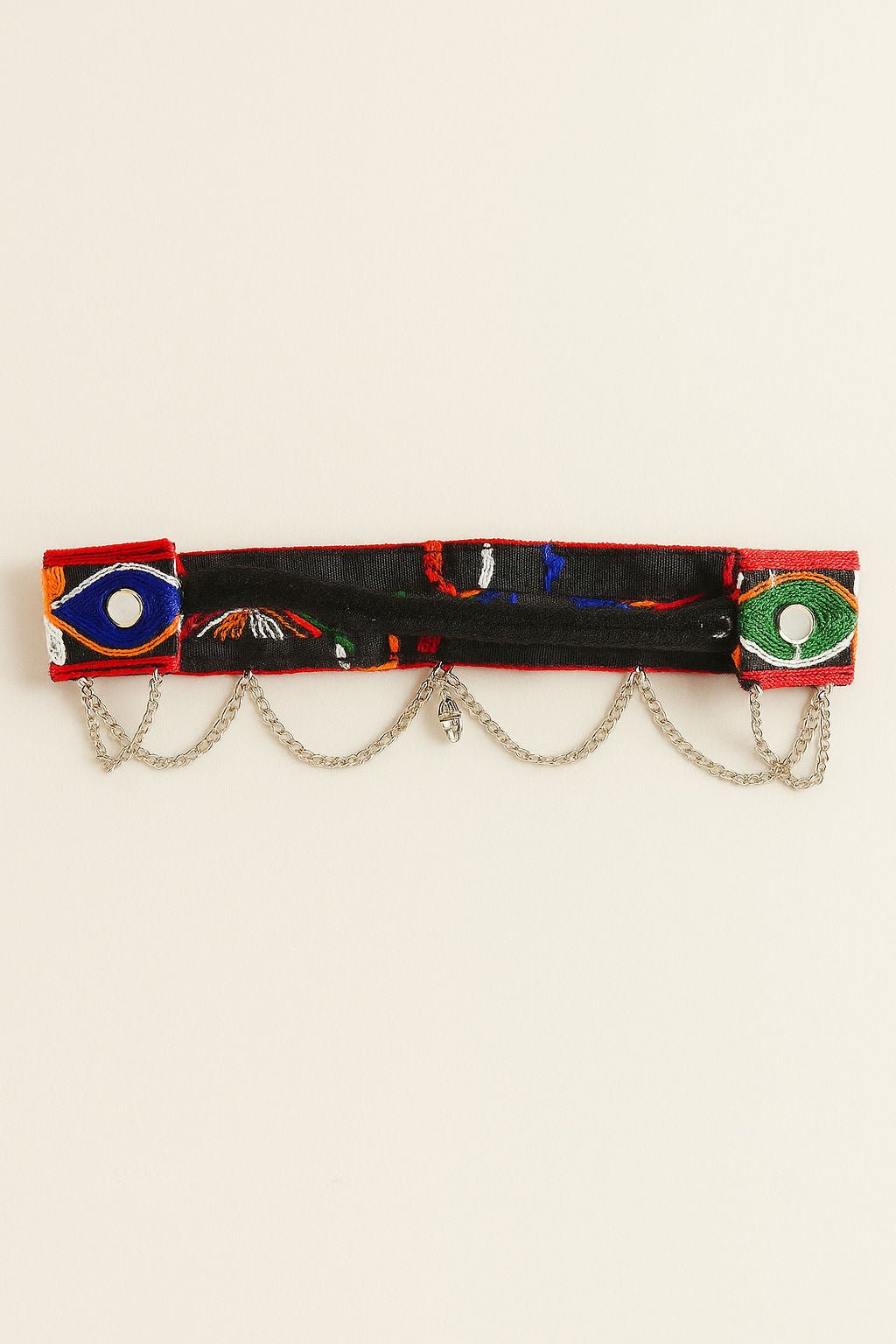 Red Mirror Work Festive Glam Girls Ethnic Hairband With Silver Floral Charm