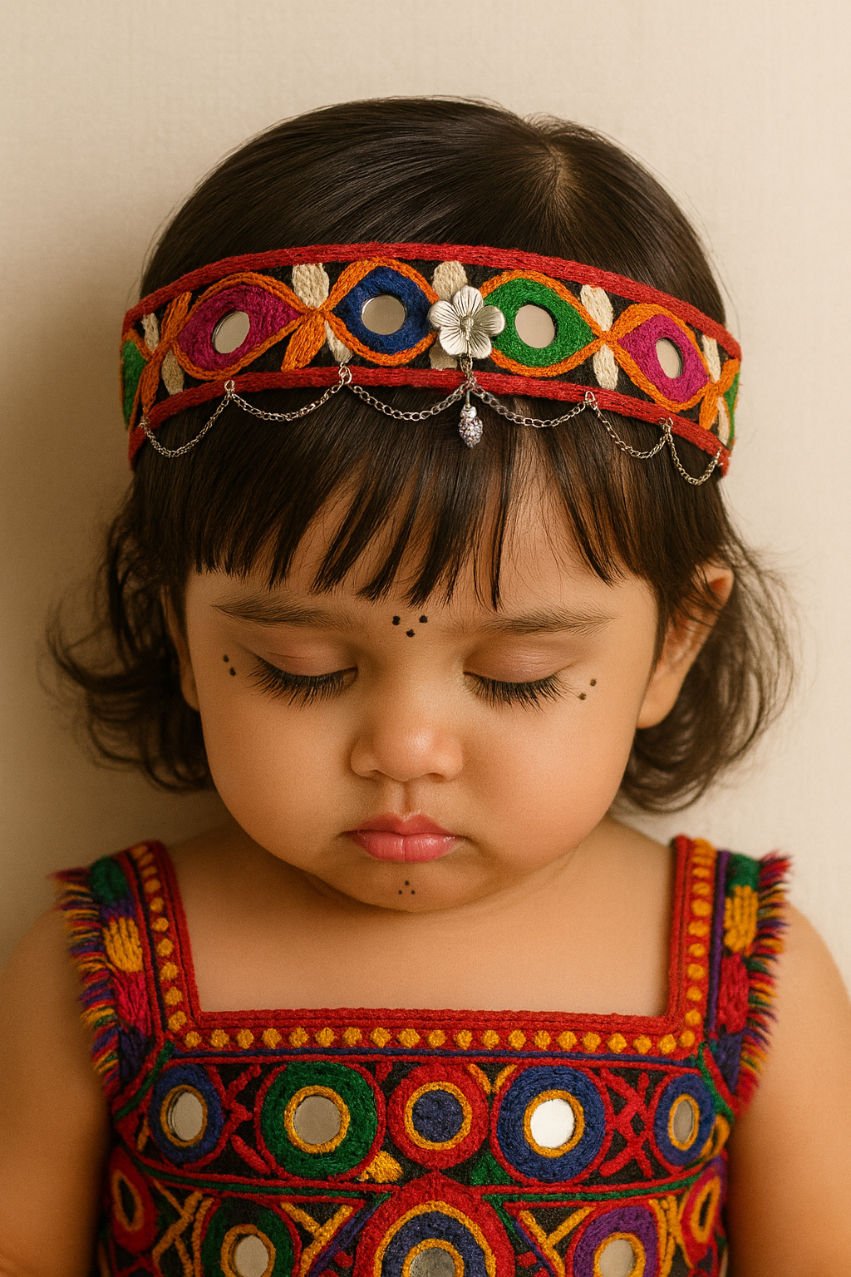 Red Mirror Work Festive Glam Girls Ethnic Hairband With Silver Floral Charm
