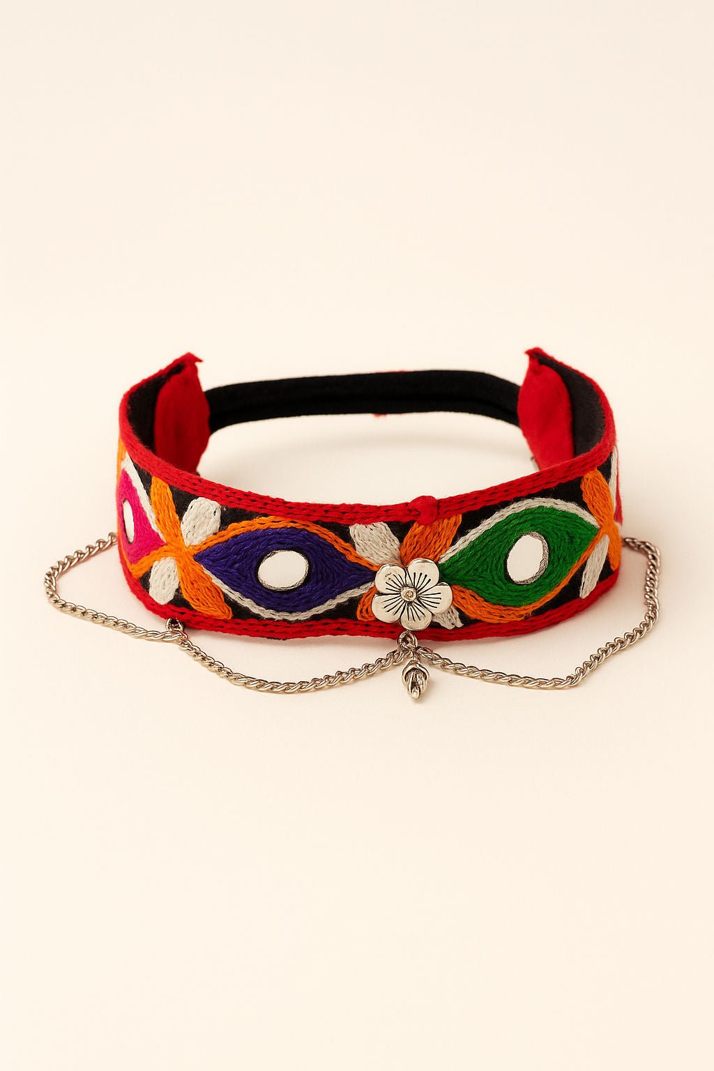 Red Mirror Work Festive Glam Girls Ethnic Hairband With Silver Floral Charm
