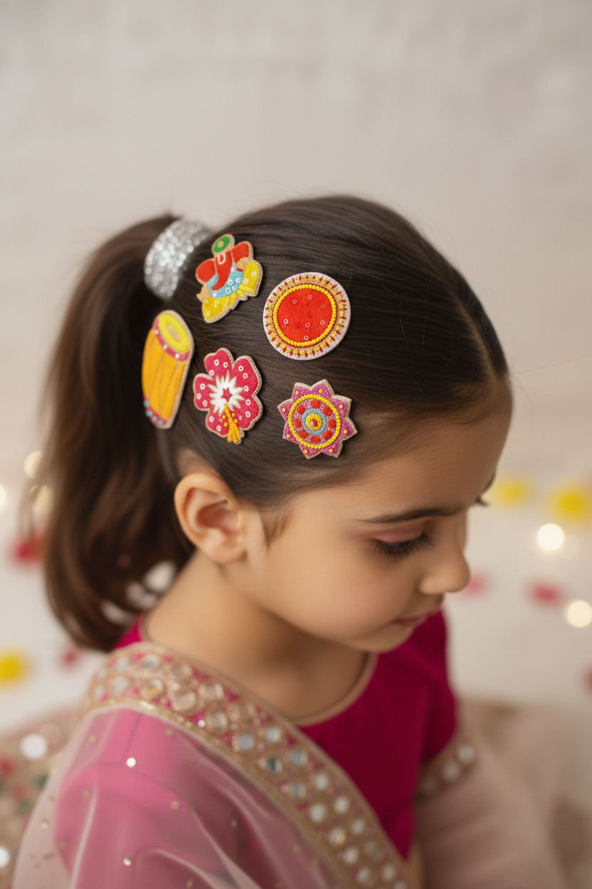 Ethnic Sequin Glam Festive Hair Clips Set For Girls With 5 Pieces