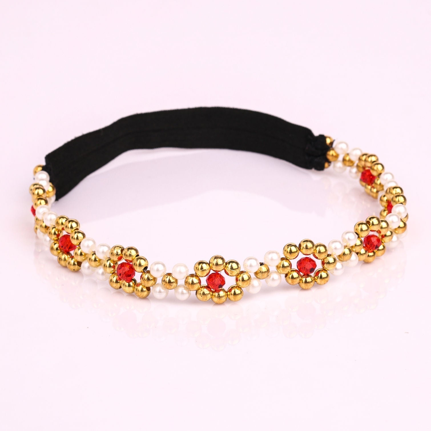 Red & Gold Beaded Crystal Flower Girls Headband With Stretchable Band