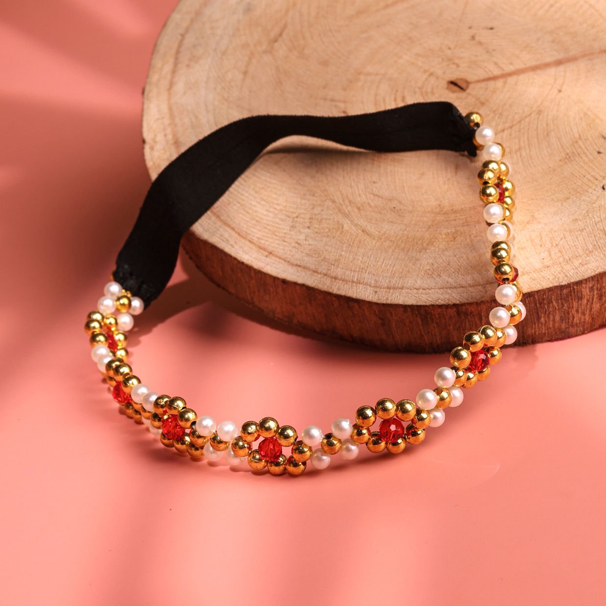 Red & Gold Beaded Crystal Flower Girls Headband With Stretchable Band