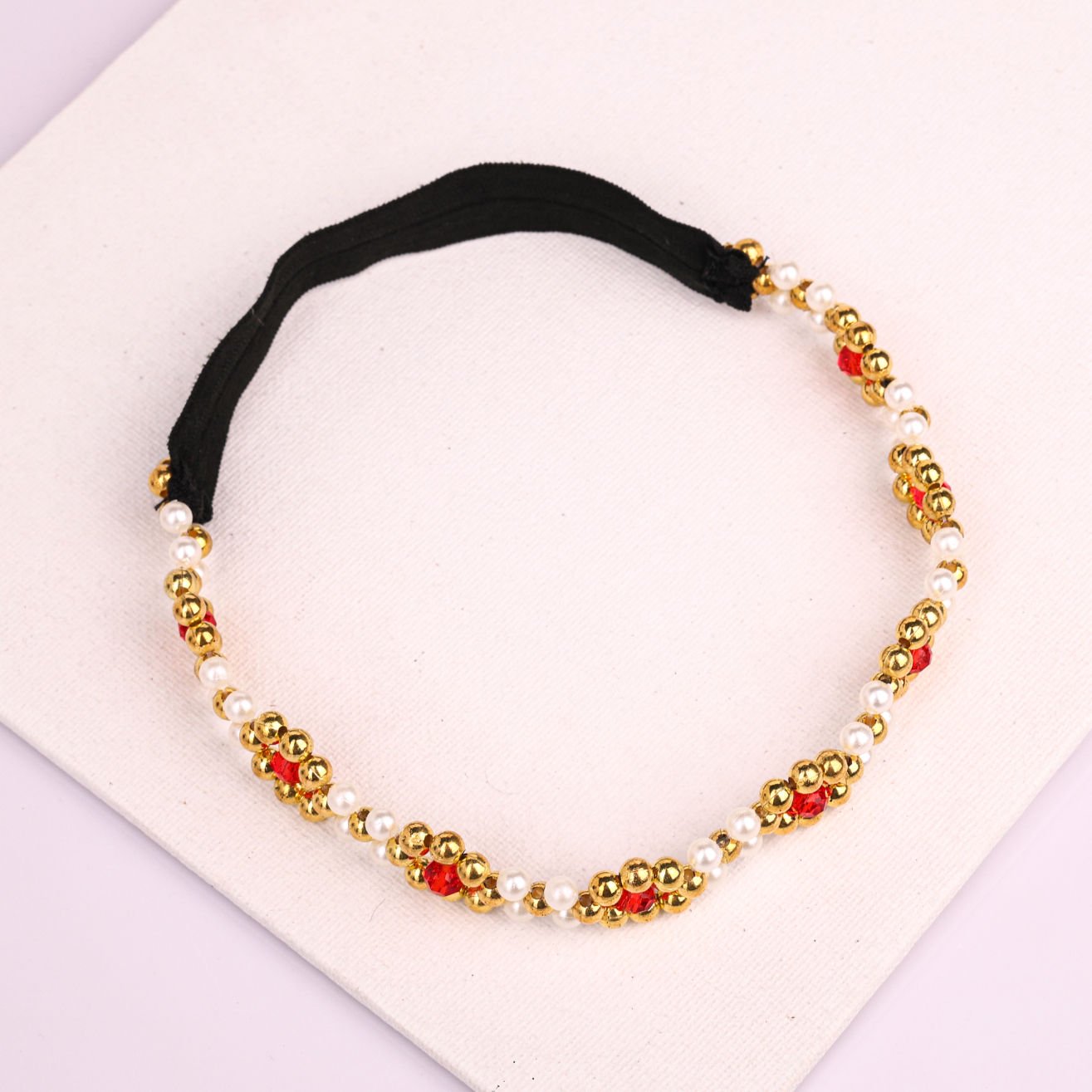 Red & Gold Beaded Crystal Flower Girls Headband With Stretchable Band