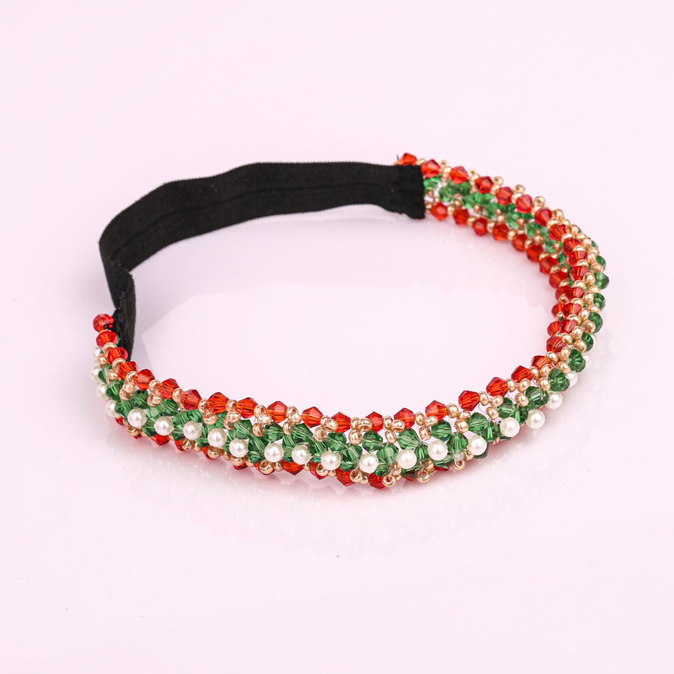 Tricolour Beaded Festive Sparkle Girls Headband With Pearl Accents
