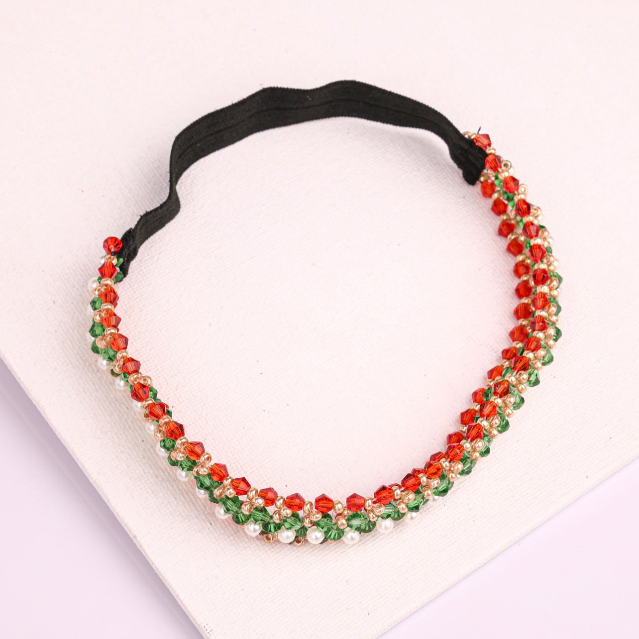 Tricolour Beaded Festive Sparkle Girls Headband With Pearl Accents