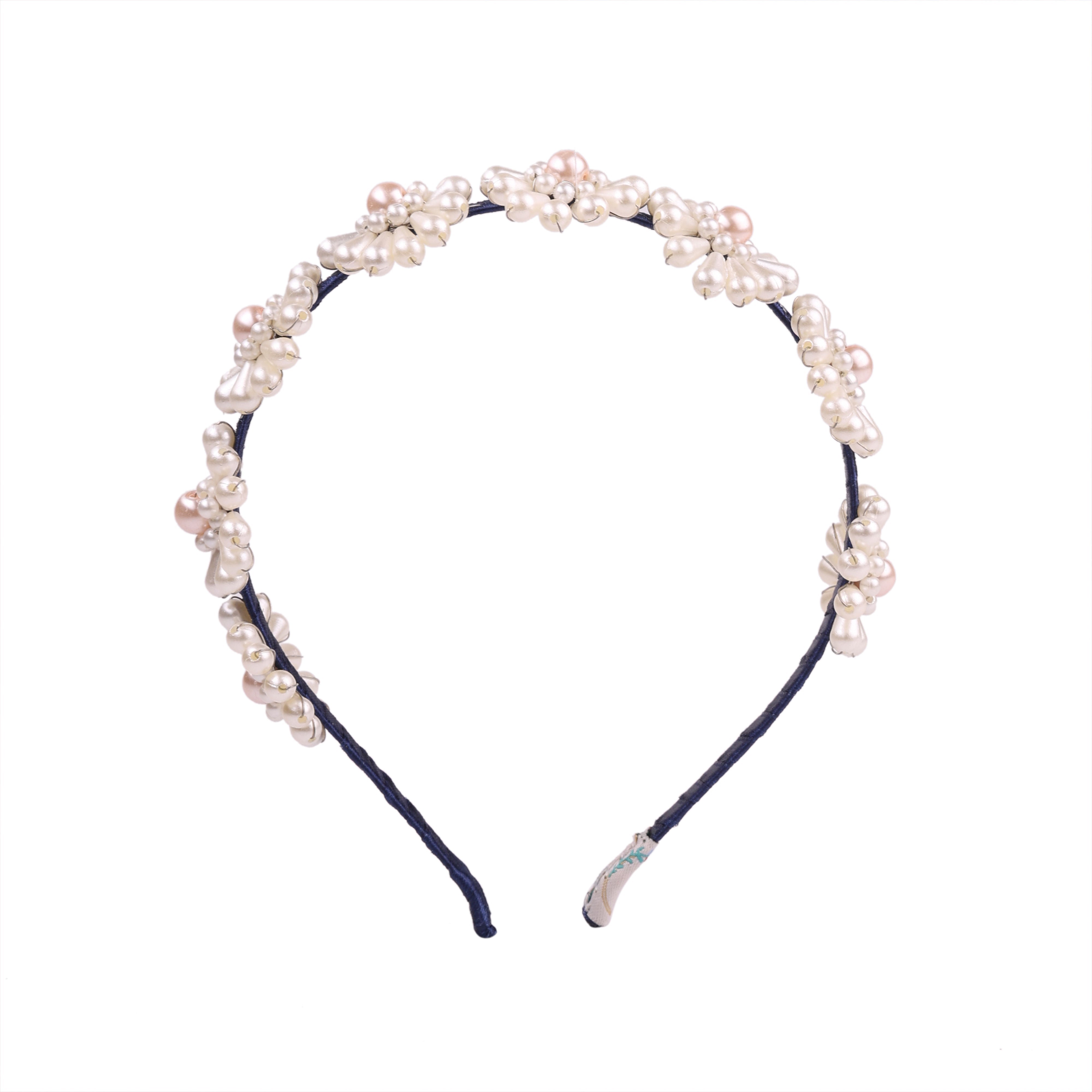 Navy Pearl Floral Handcrafted Girls Hair Band For Party Glam