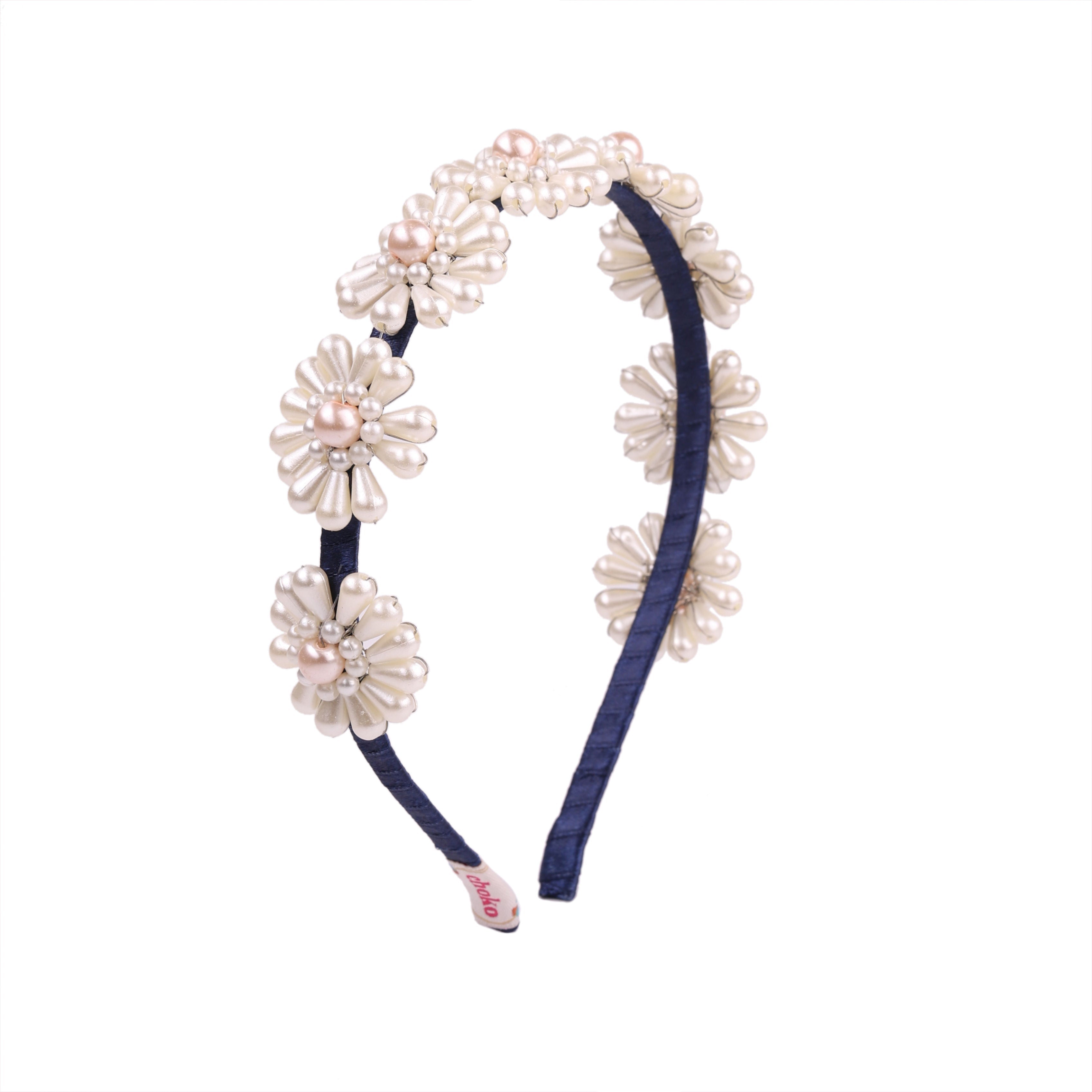 Navy Pearl Floral Handcrafted Girls Hair Band For Party Glam